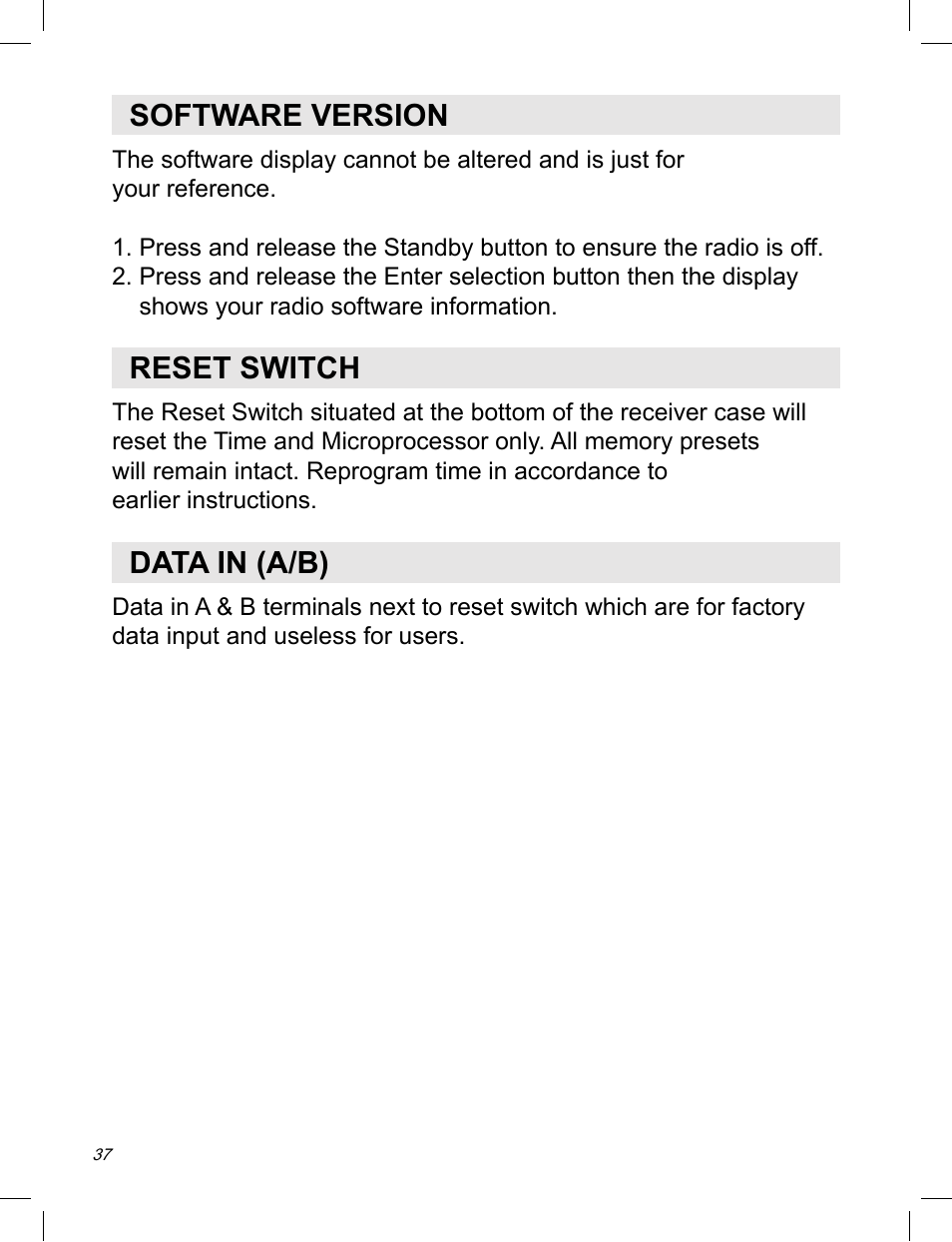 Software version, Reset switch, Data in (a/b) | C. Crane ATS-909X User Manual | Page 38 / 202