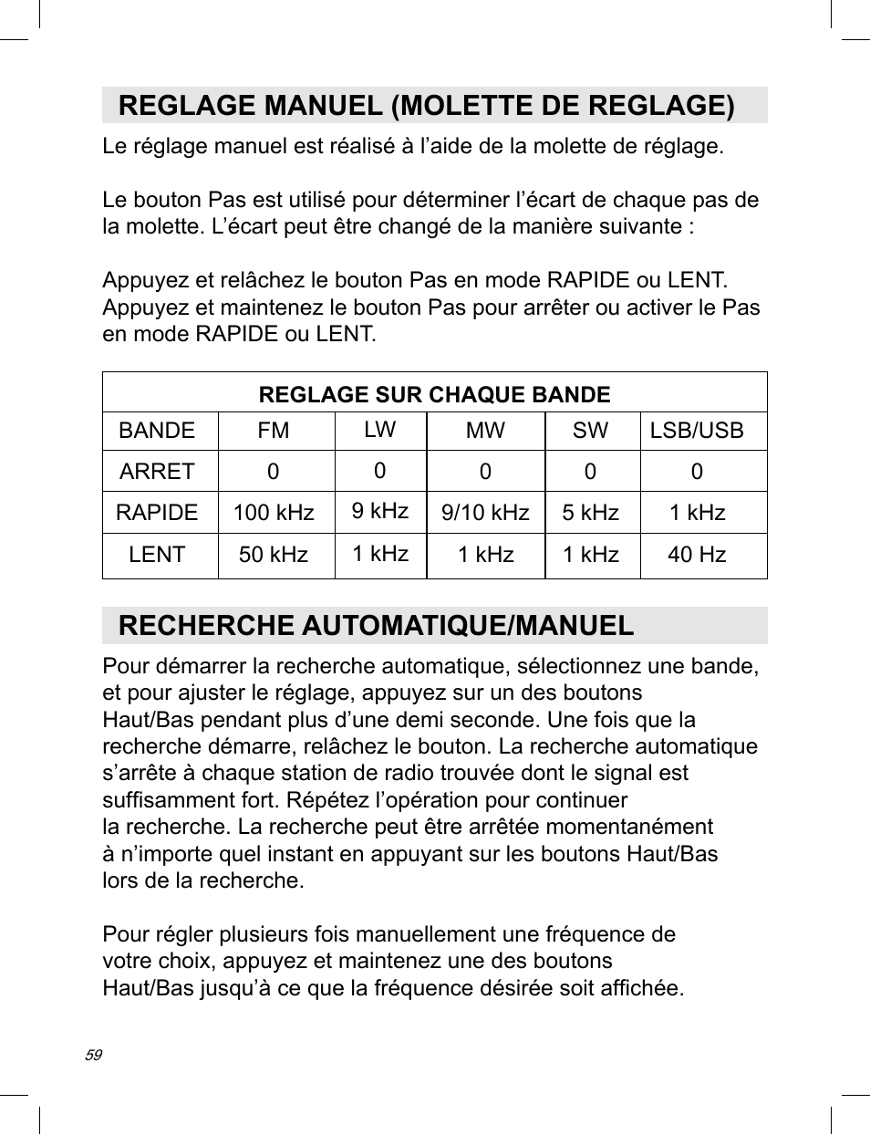 Reglage manuel (molette de reglage), Recherche automatique/manuel | C. Crane ATS-909X User Manual | Page 60 / 202