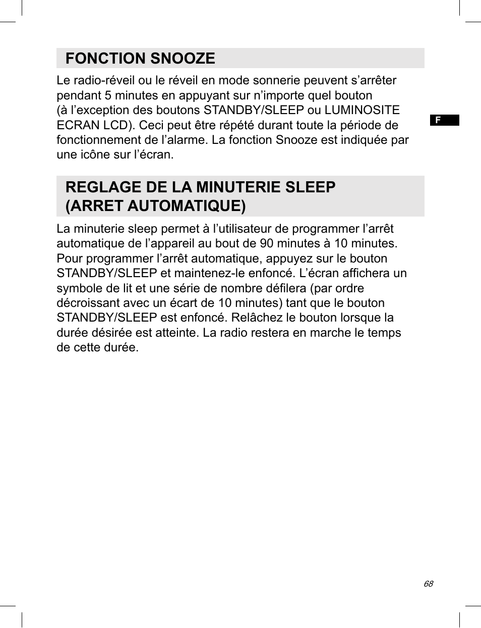 Fonction snooze, Reglage de la minuterie sleep (arret automatique) | C. Crane ATS-909X User Manual | Page 69 / 202
