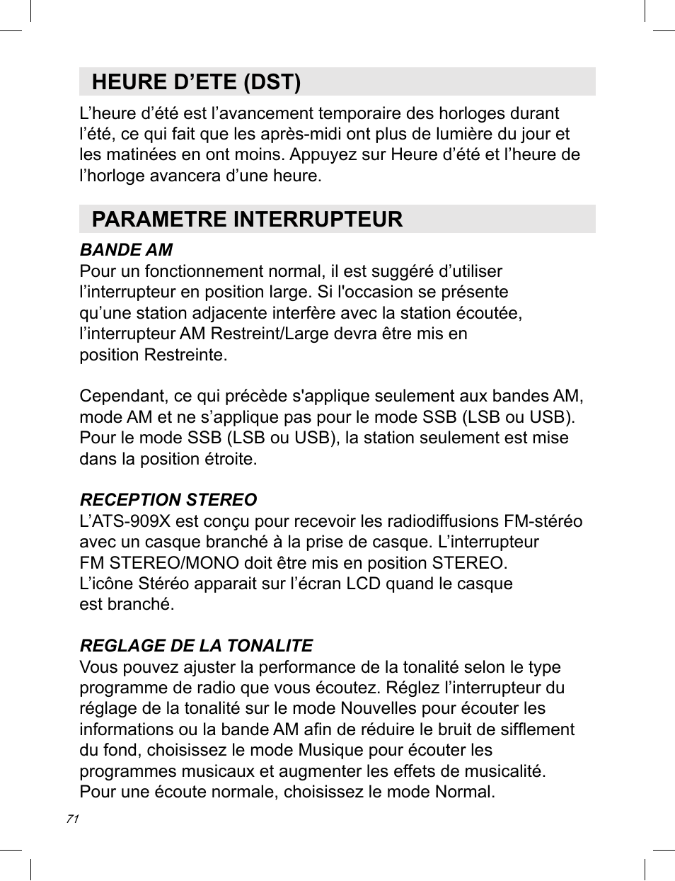 Heure d’ete (dst), Parametre interrupteur | C. Crane ATS-909X User Manual | Page 72 / 202