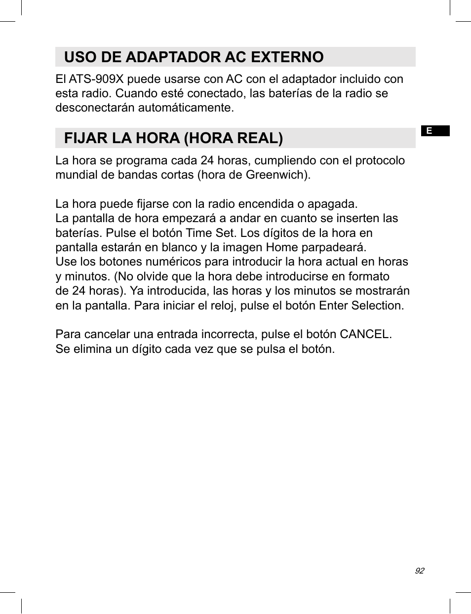 Uso de adaptador ac externo, Fijar la hora (hora real) | C. Crane ATS-909X User Manual | Page 93 / 202