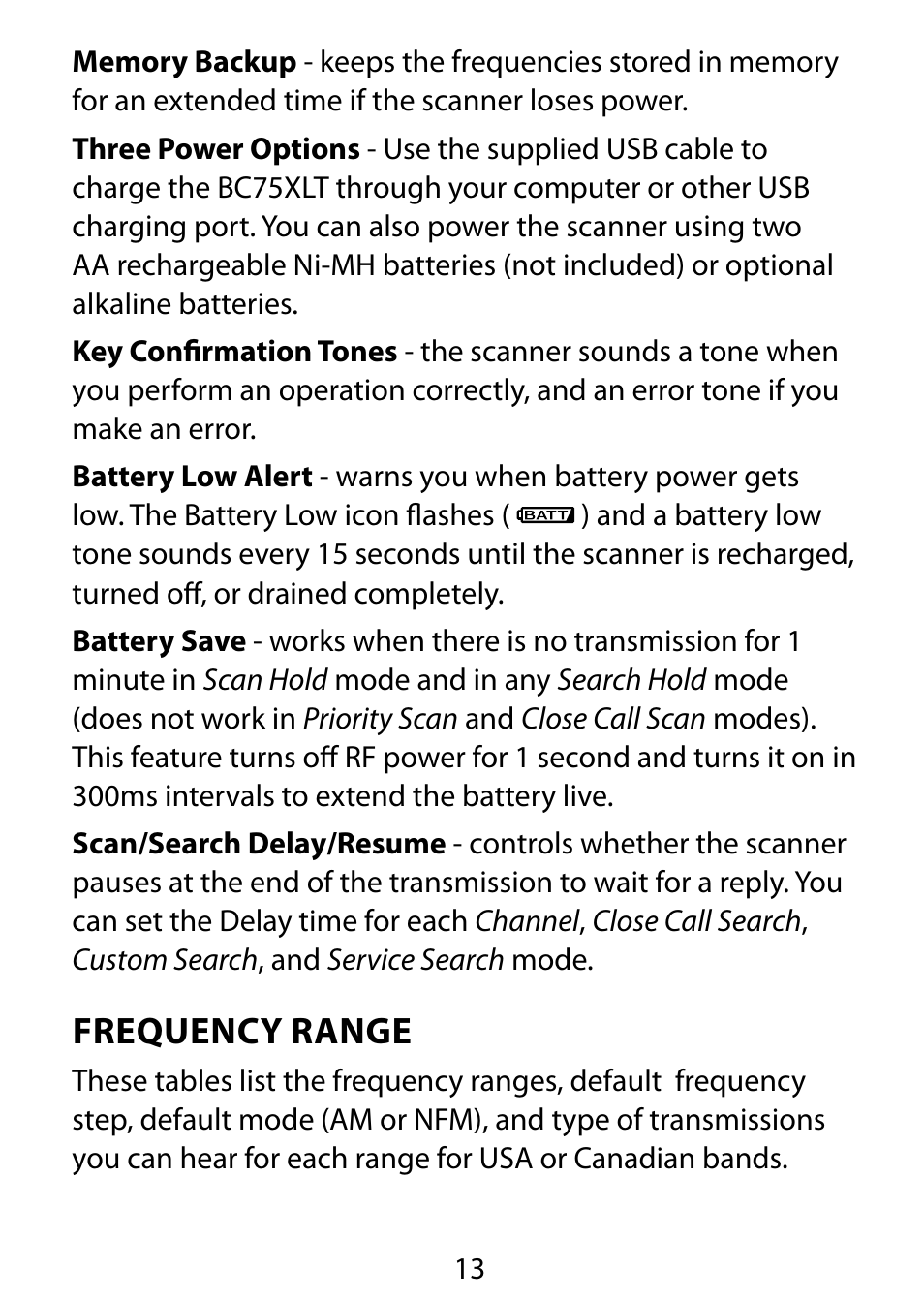 Frequency range | C. Crane BC75XLT User Manual | Page 13 / 60
