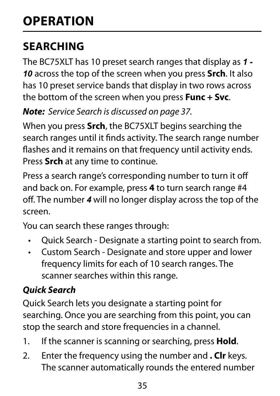 Operation, Searching | C. Crane BC75XLT User Manual | Page 35 / 60