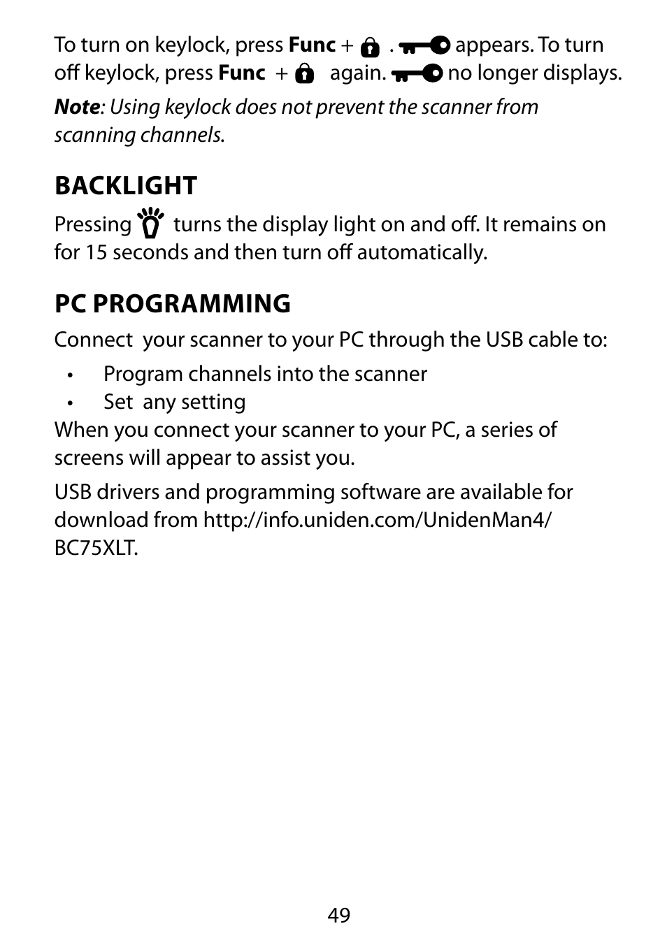 Backlight, Pc programming | C. Crane BC75XLT User Manual | Page 49 / 60