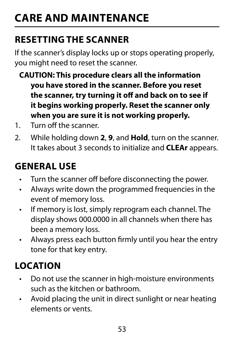 Care and maintenance, Resetting the scanner, General use | Location | C. Crane BC75XLT User Manual | Page 53 / 60