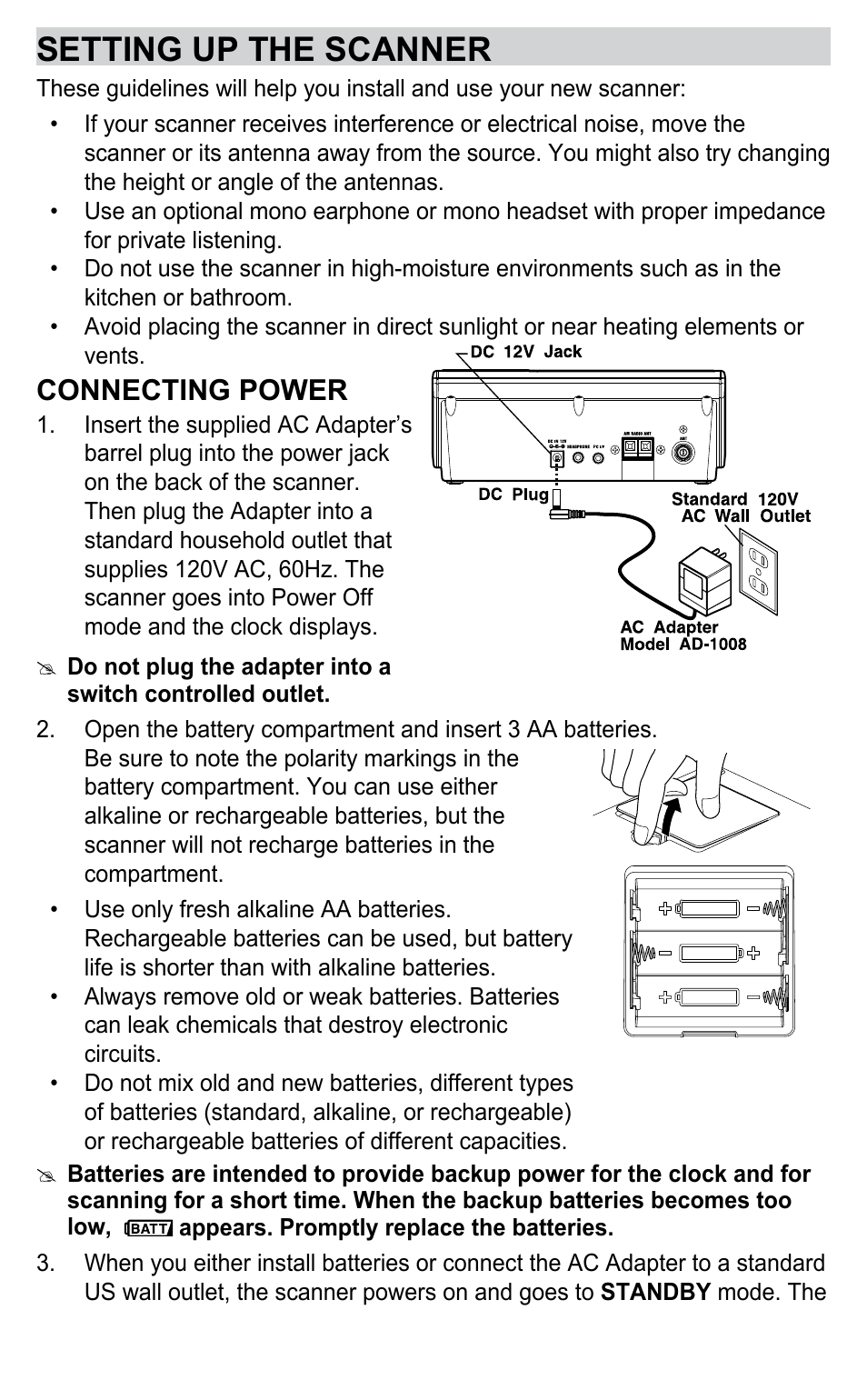 Setting up the scanner, Connecting power | C. Crane BC345CRS User Manual | Page 17 / 30