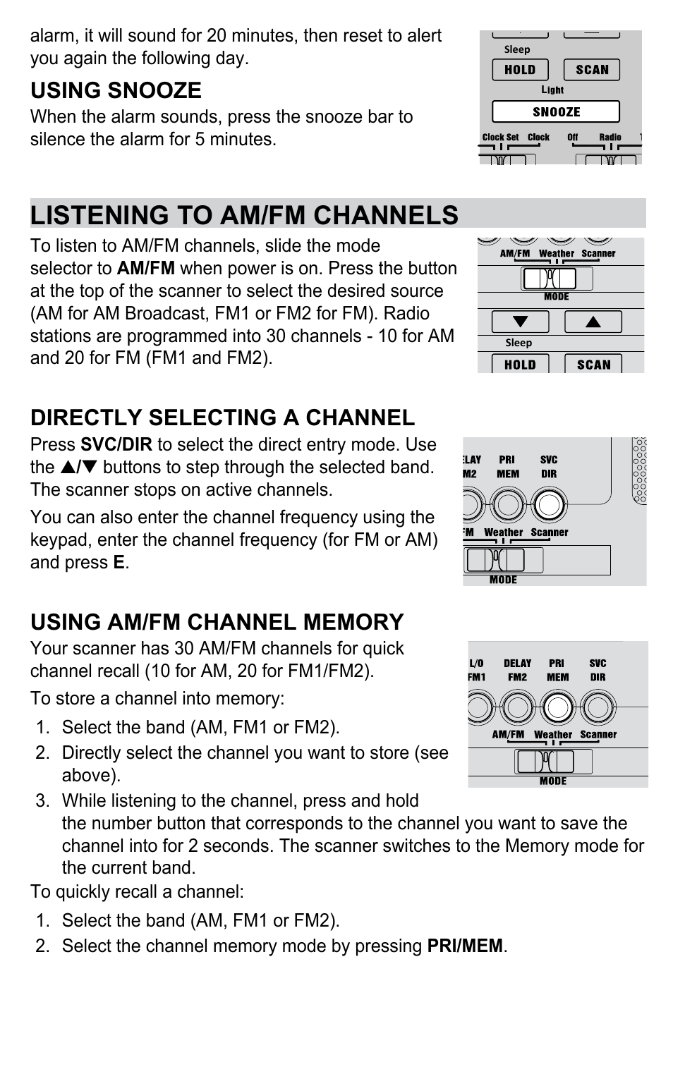 Listening to am/fm channels, Using snooze, Directly selecting a channel | C. Crane BC345CRS User Manual | Page 20 / 30