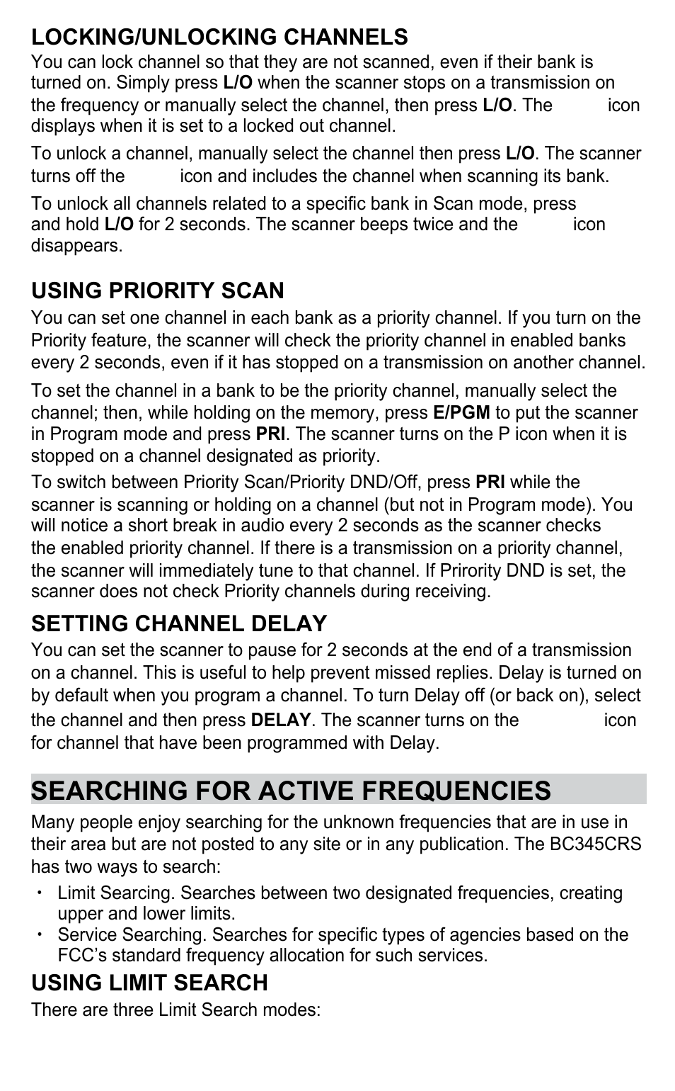Searching for active frequencies, Locking/unlocking channels, Using priority scan | Setting channel delay, Using limit search | C. Crane BC345CRS User Manual | Page 23 / 30