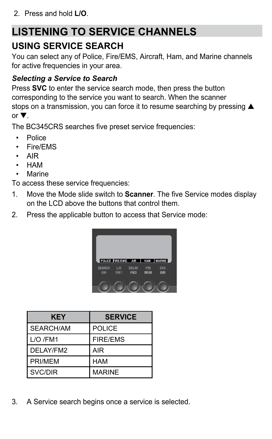 Listening to service channels, Using service search | C. Crane BC345CRS User Manual | Page 25 / 30
