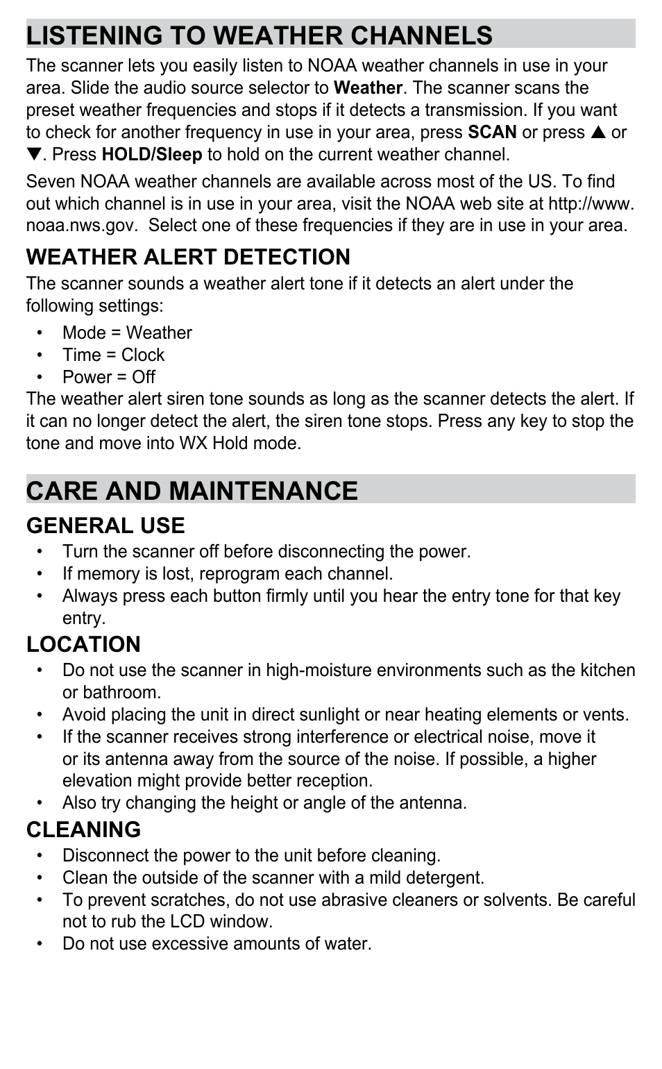 Listening to weather channels, Care and maintenance, Weather alert detection | General use, Location, Cleaning | C. Crane BC345CRS User Manual | Page 26 / 30