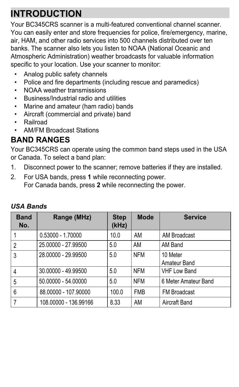 Introduction, Band ranges | C. Crane BC345CRS User Manual | Page 7 / 30