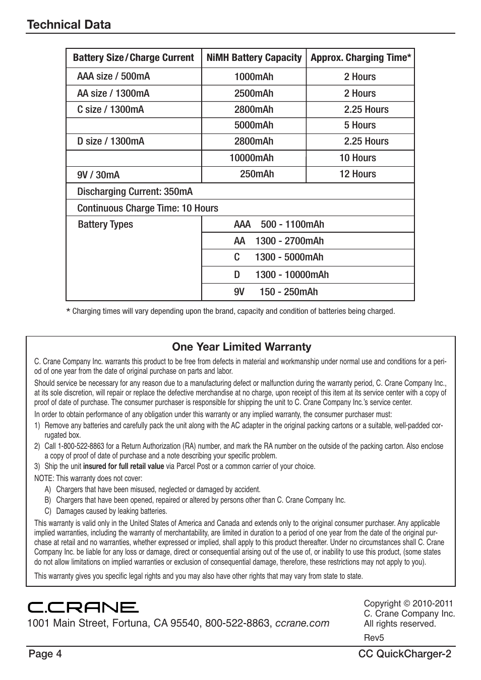 Technical data | C. Crane QC2 User Manual | Page 4 / 4