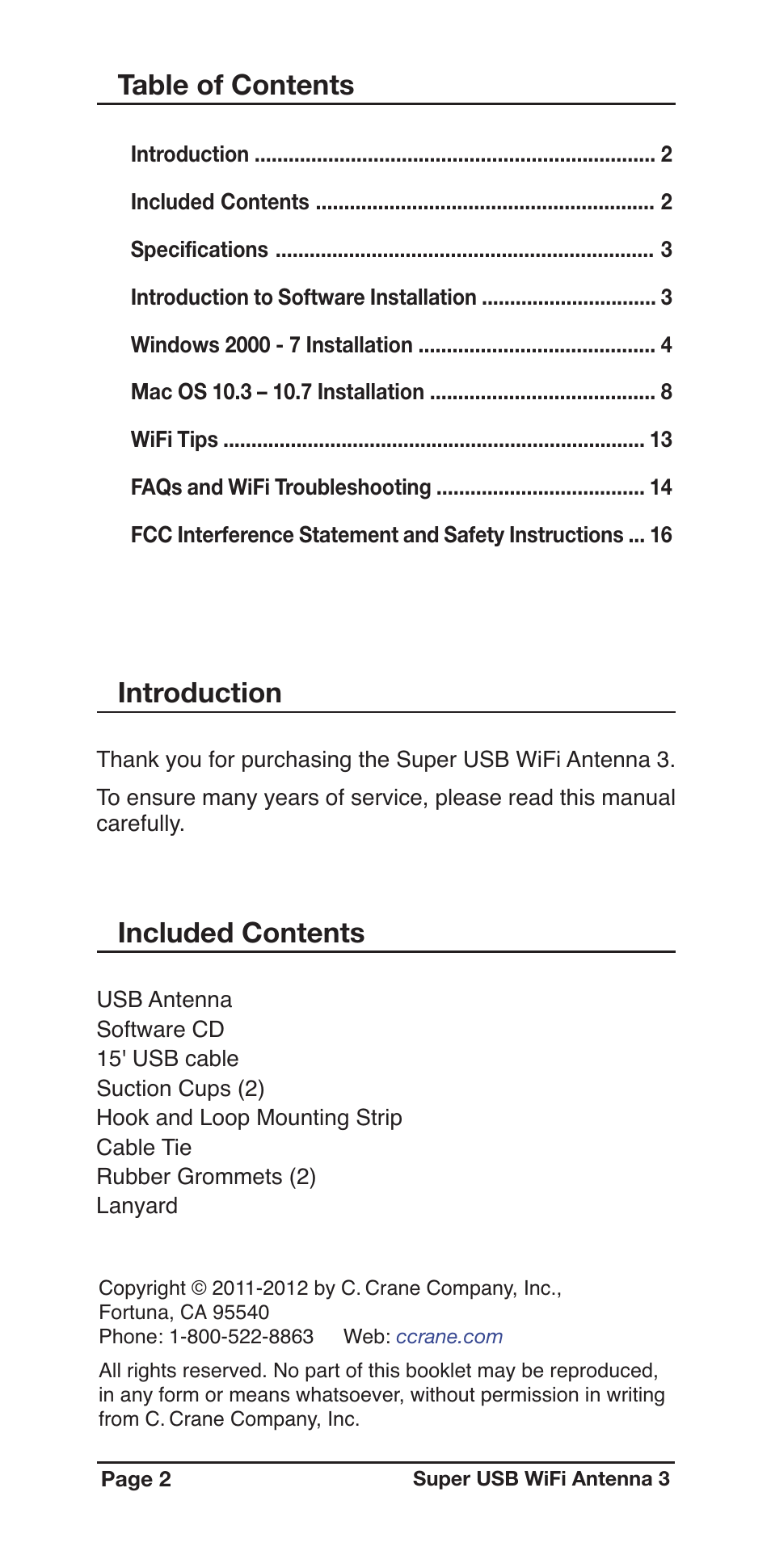 Introduction table of contents, Included contents | C. Crane US3R User Manual | Page 2 / 16