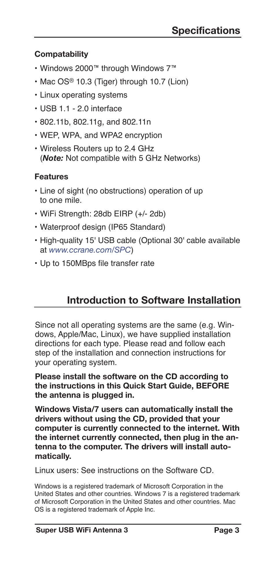 Introduction to software installation, Specifications | C. Crane US3R User Manual | Page 3 / 16