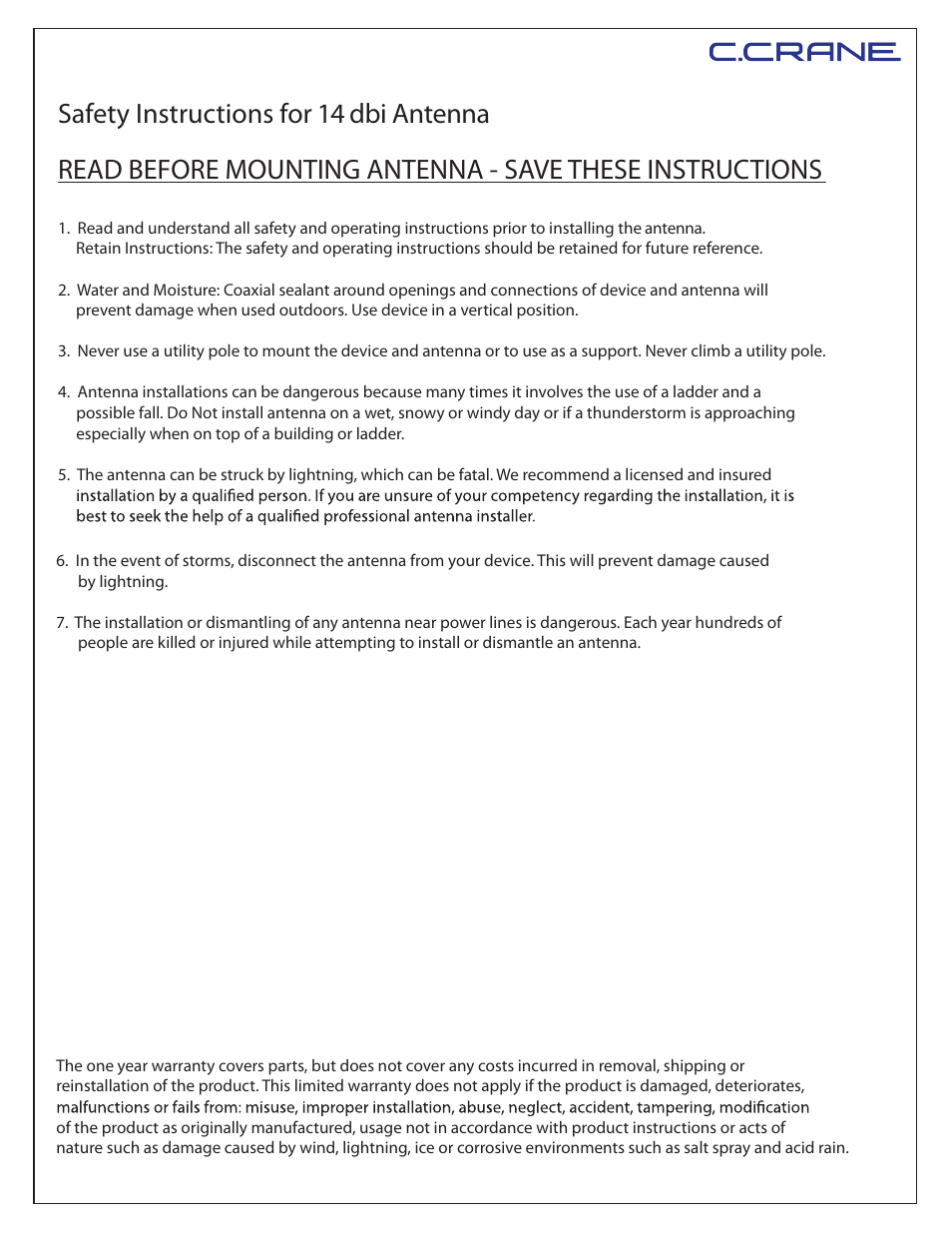 C. Crane 14DBI Safety Instructions User Manual | 2 pages