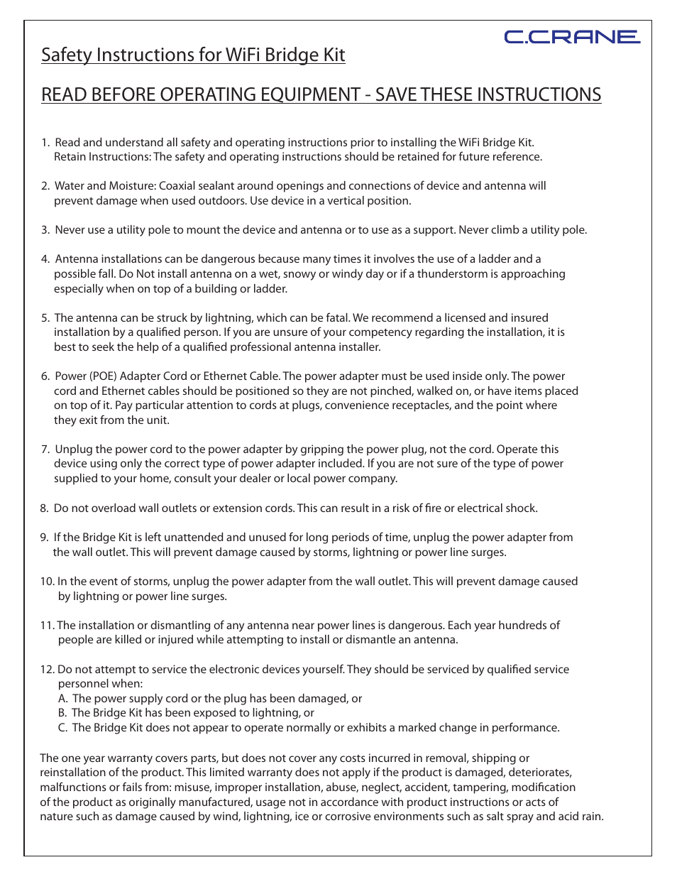 C. Crane WBK Safety Instructions User Manual | 2 pages