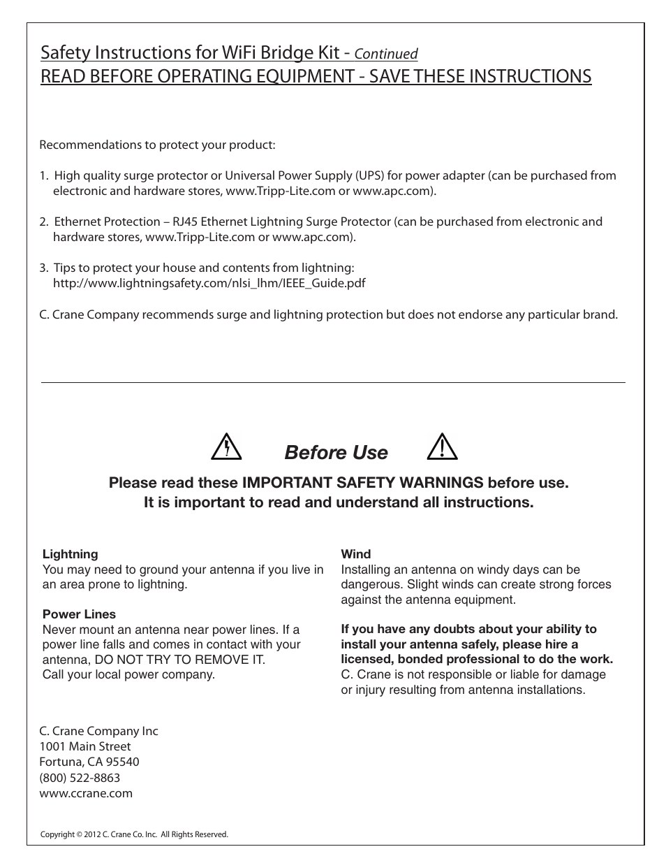 Safety instructions for wifi bridge kit, Before se | C. Crane WBK Safety Instructions User Manual | Page 2 / 2