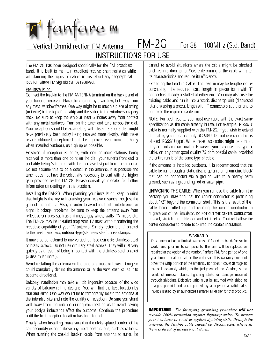 C. Crane Fanfare FM Antenna User Manual | 2 pages