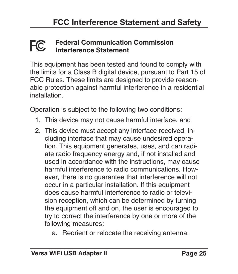 Fcc interference statement and safety | C. Crane Versa WiFi USB Adapter II User Manual | Page 25 / 28