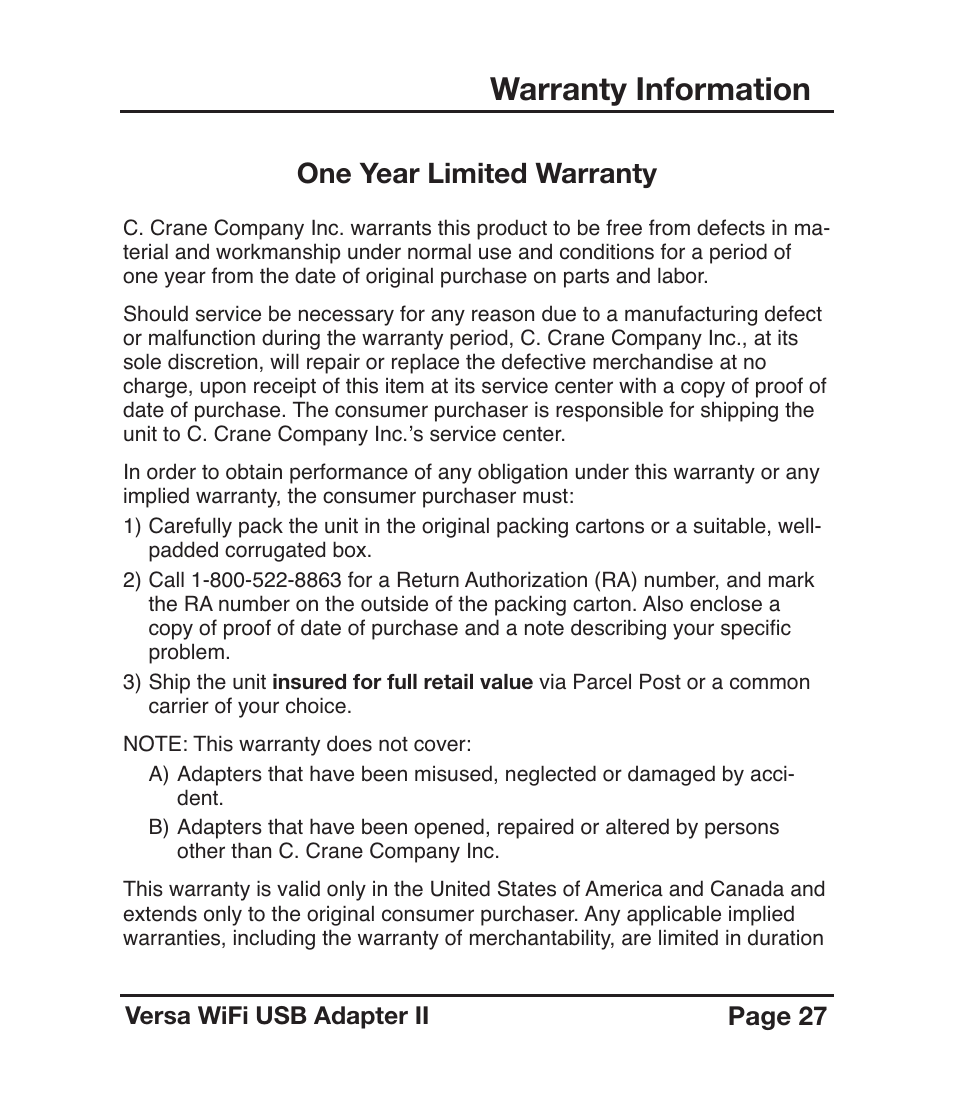 Warranty information, One year limited warranty, Page 27 | C. Crane Versa WiFi USB Adapter II User Manual | Page 27 / 28