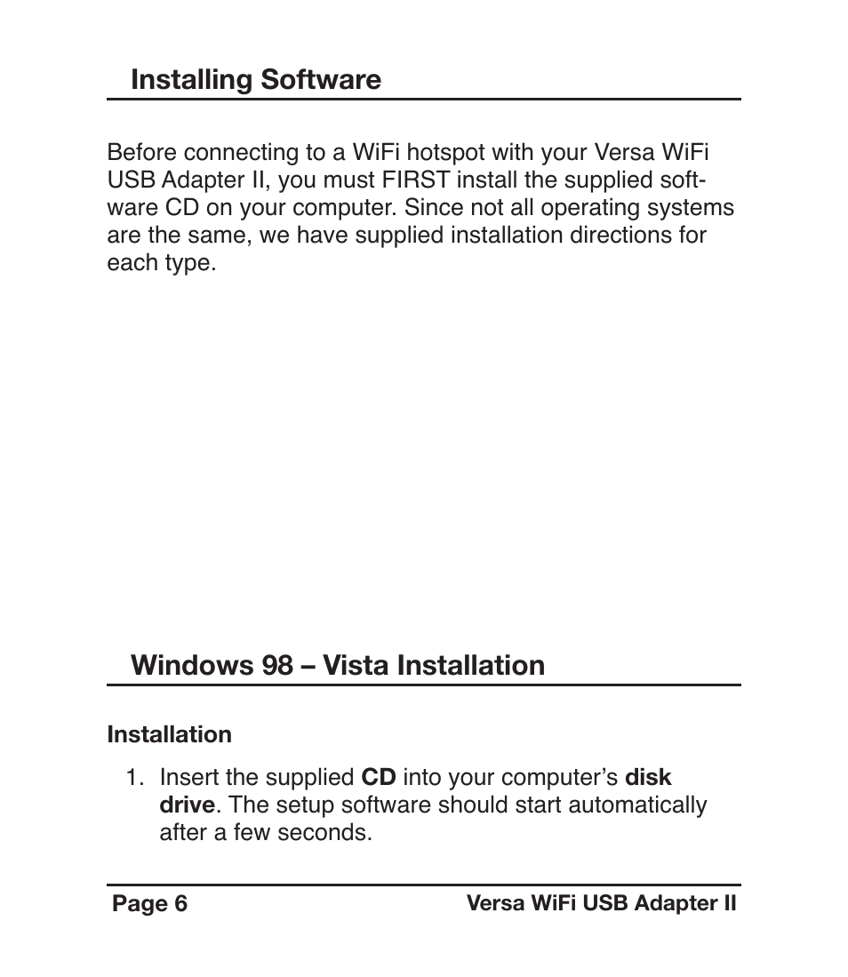 Installing software, Windows 98 – vista installation | C. Crane Versa WiFi USB Adapter II User Manual | Page 6 / 28