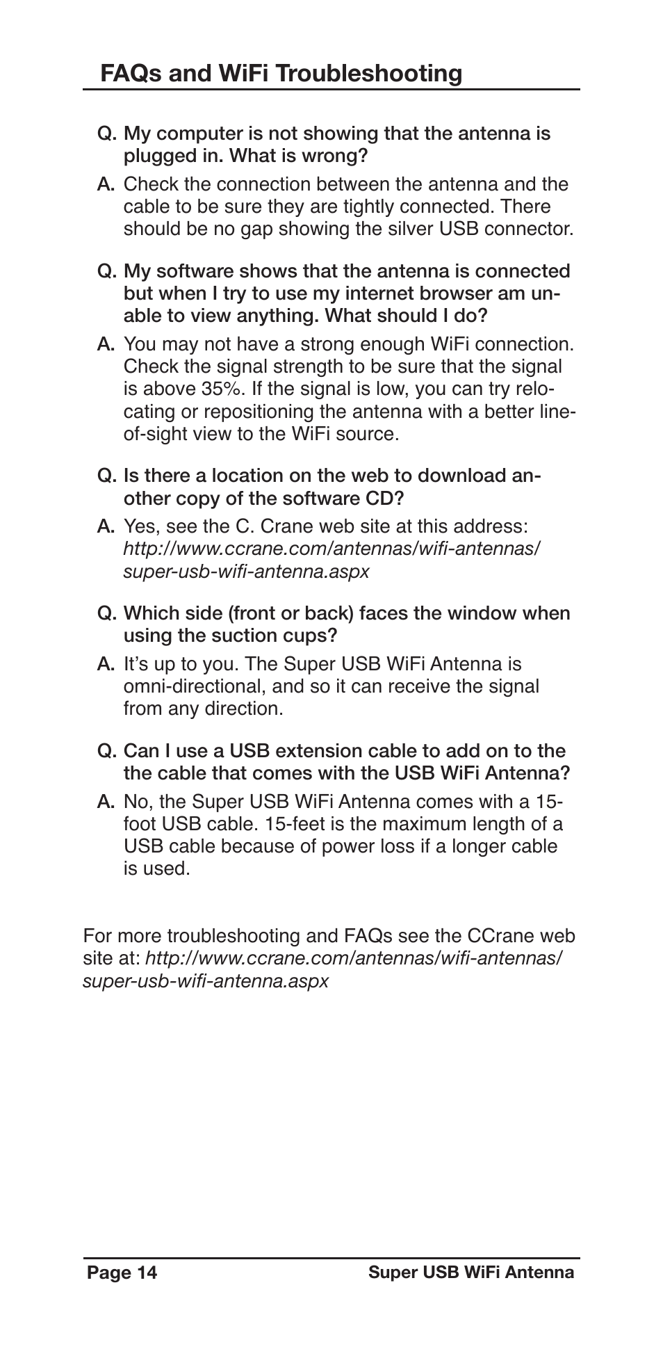 Faqs and wifi troubleshooting | C. Crane Super USB WiFi Antenna II User Manual | Page 14 / 16