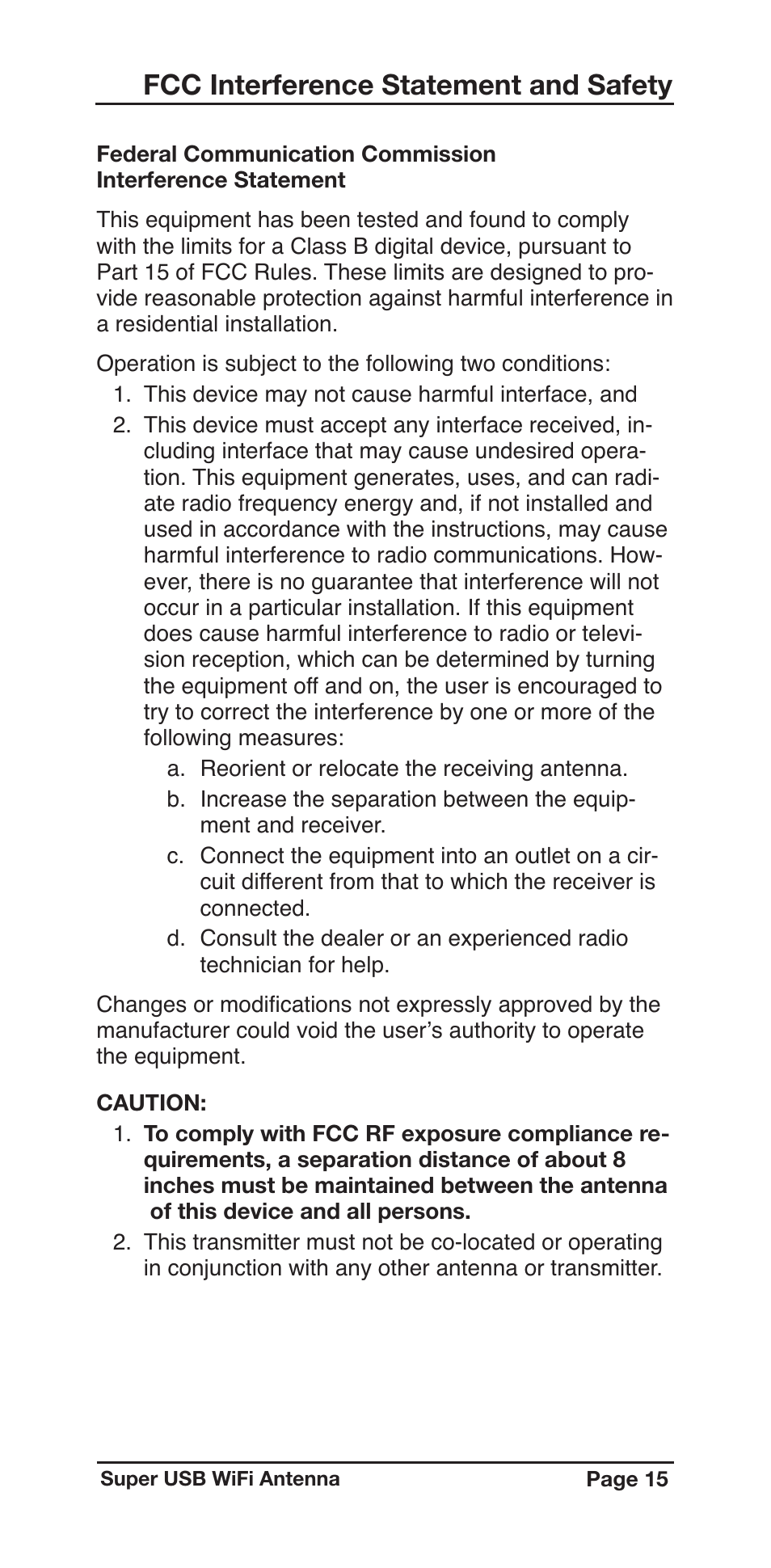 Fcc interference statement and safety | C. Crane Super USB WiFi Antenna II User Manual | Page 15 / 16