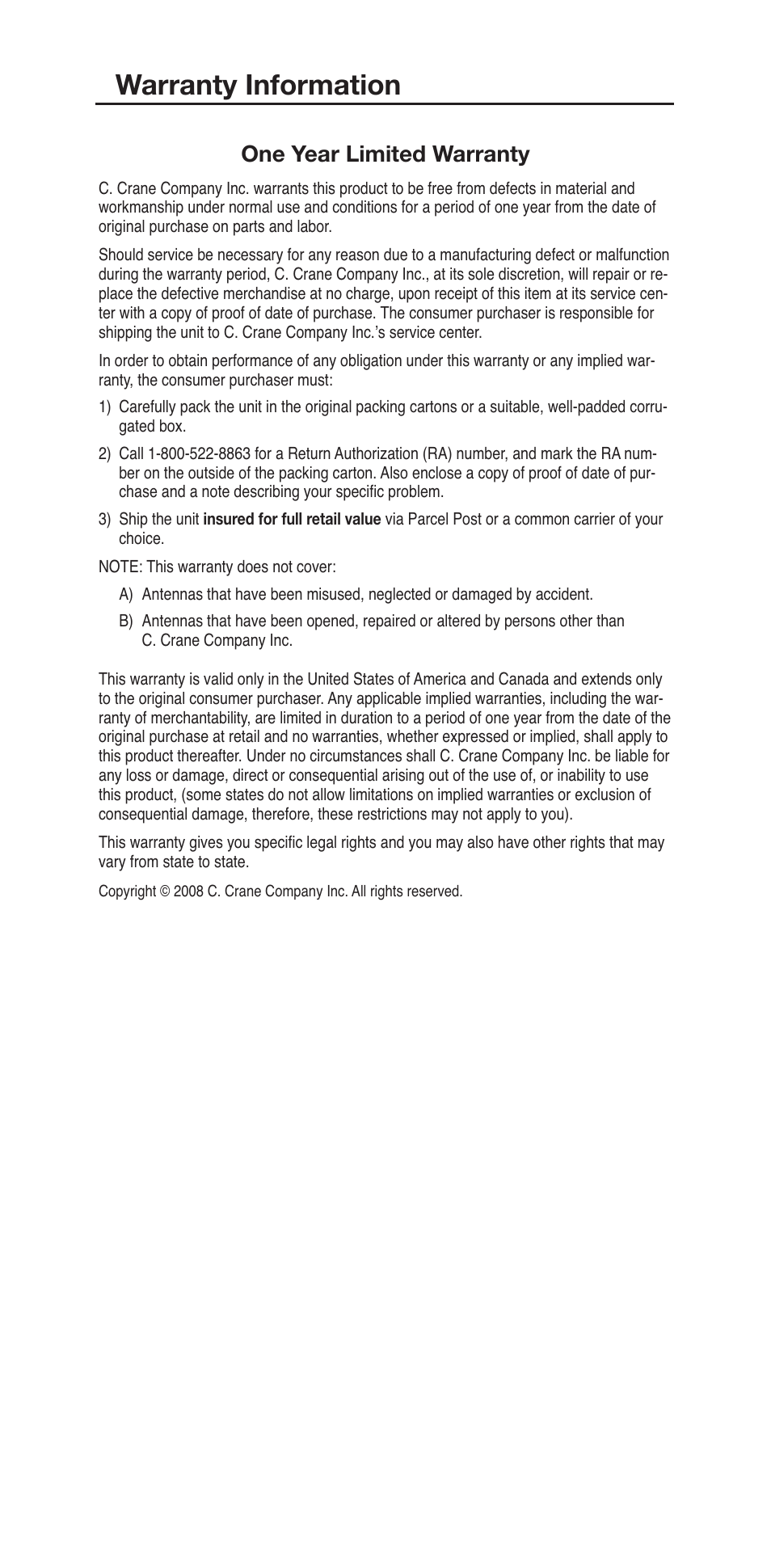 Warranty information, One year limited warranty | C. Crane Super USB WiFi Antenna II User Manual | Page 16 / 16
