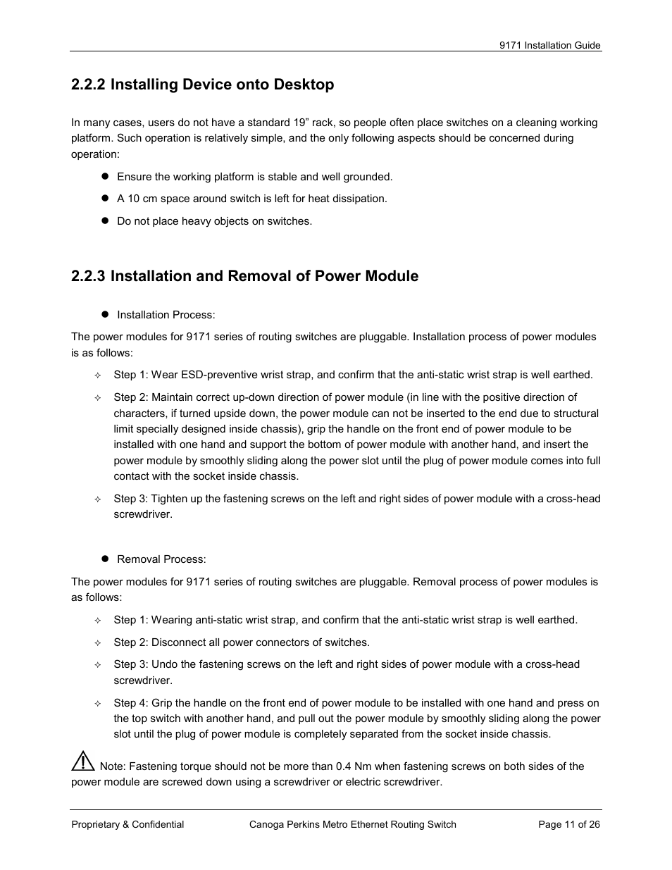 2 installing device onto desktop, 3 installation and removal of power module | CANOGA PERKINS 9171 Metro Ethernet Routing Switch User Manual | Page 11 / 26