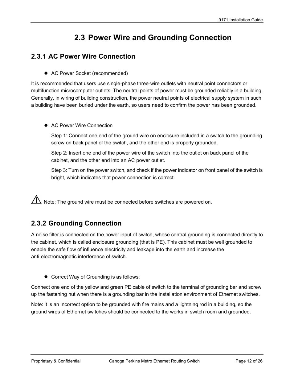 3 power wire and grounding connection, 1 ac power wire connection, 2 grounding connection | CANOGA PERKINS 9171 Metro Ethernet Routing Switch User Manual | Page 12 / 26