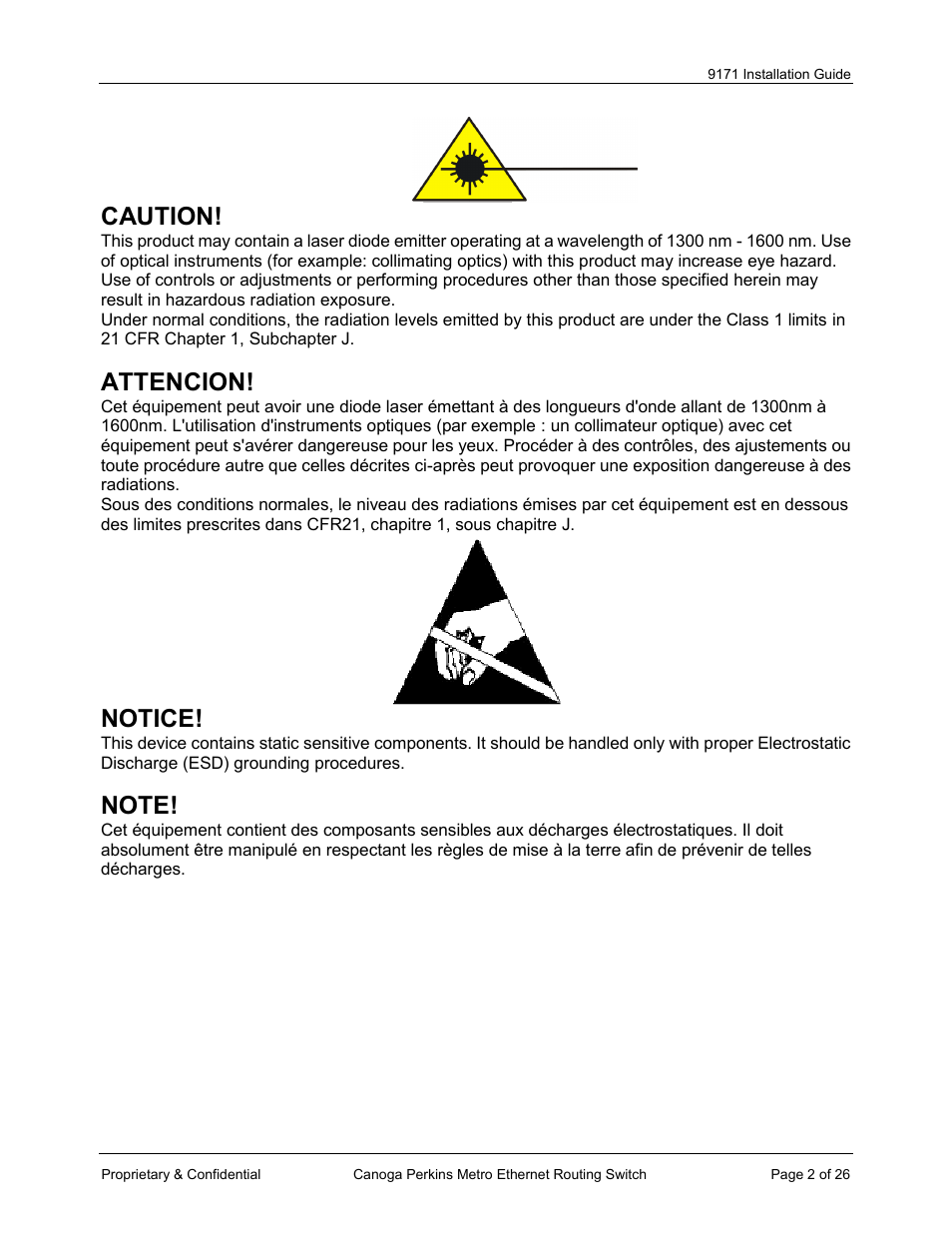 Caution, Attencion, Notice | CANOGA PERKINS 9171 Metro Ethernet Routing Switch User Manual | Page 2 / 26