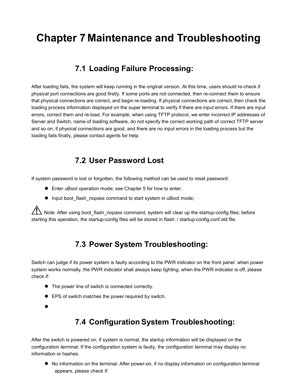 Chapter 7 maintenance and troubleshooting, 1 loading failure processing, 2 user password lost | 3 power system troubleshooting, 4 configuration system troubleshooting | CANOGA PERKINS 9171 Metro Ethernet Routing Switch User Manual | Page 23 / 26