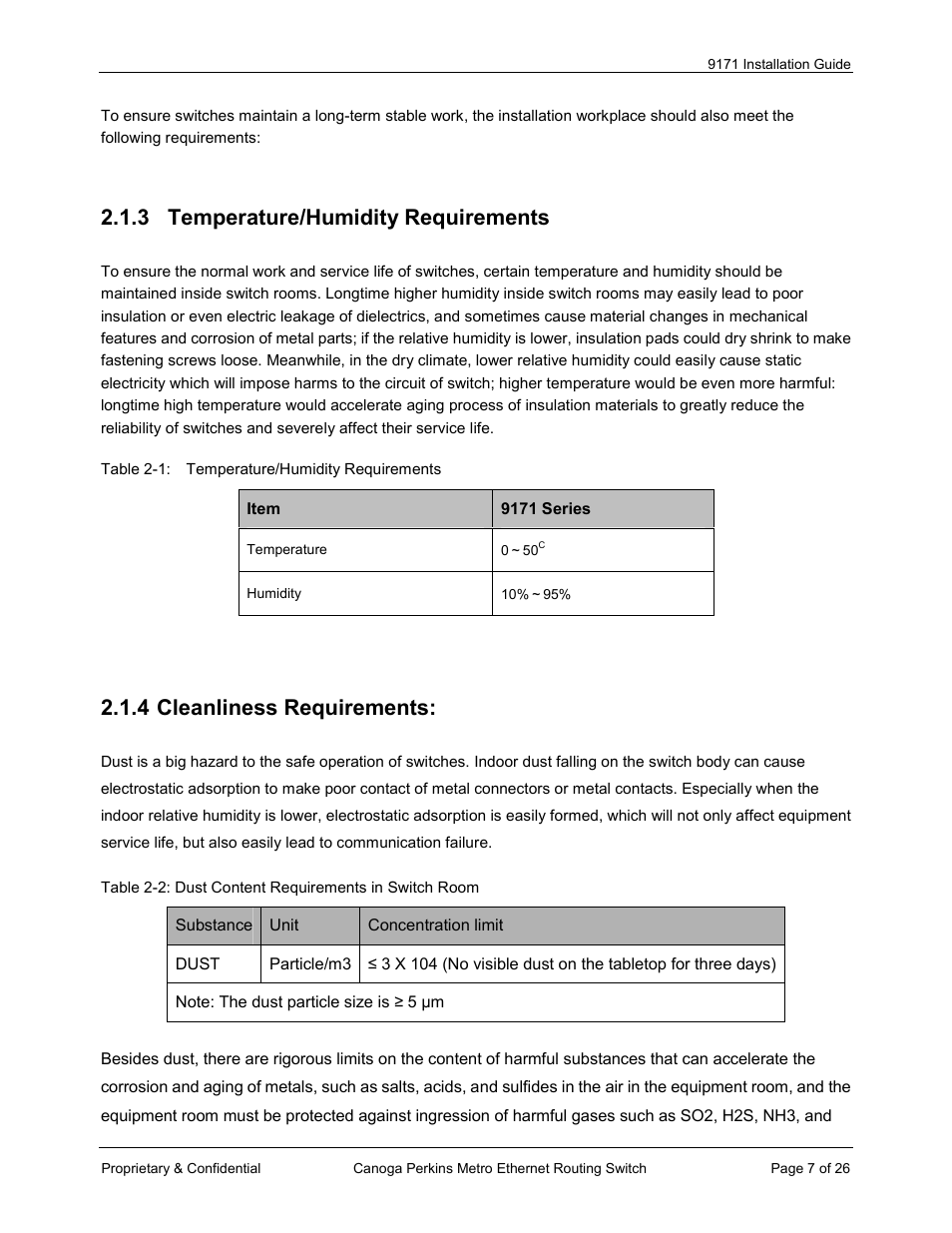3 temperature/humidity requirements, 4 cleanliness requirements | CANOGA PERKINS 9171 Metro Ethernet Routing Switch User Manual | Page 7 / 26