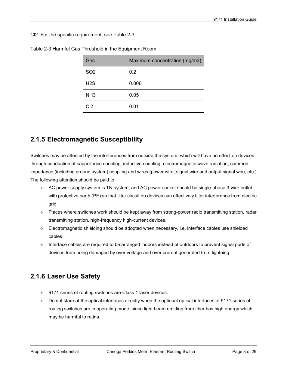 5 electromagnetic susceptibility, 6 laser use safety | CANOGA PERKINS 9171 Metro Ethernet Routing Switch User Manual | Page 8 / 26