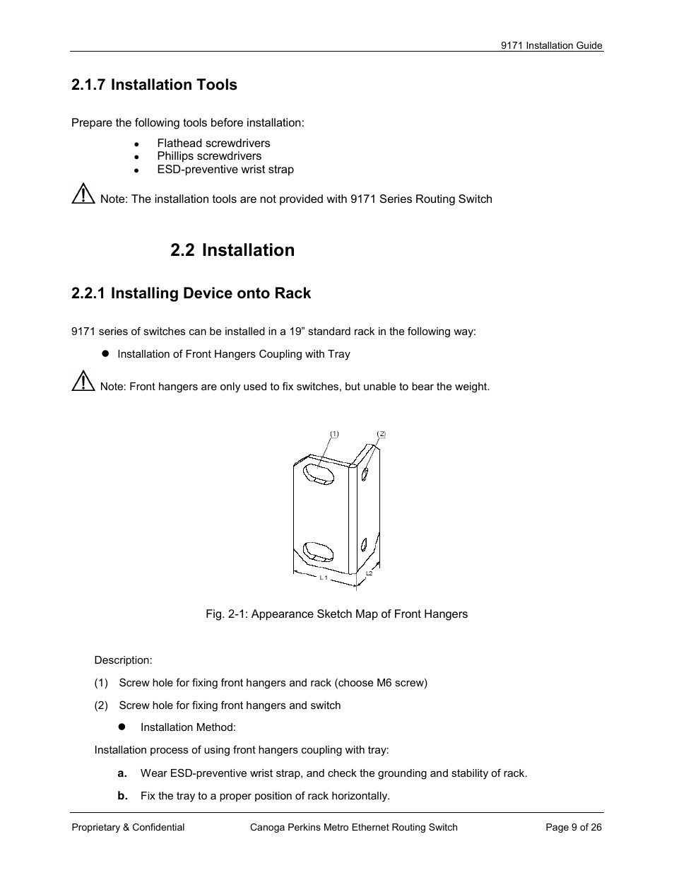 2 installation, 7 installation tools, 1 installing device onto rack | CANOGA PERKINS 9171 Metro Ethernet Routing Switch User Manual | Page 9 / 26