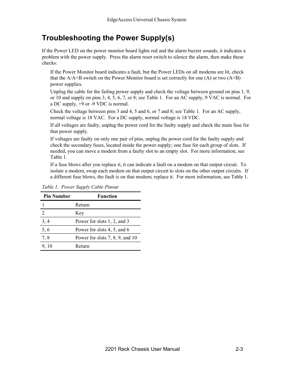 Troubleshooting the power supply(s), Troubleshooting the power supply(s) -3, Table 1. power supply cable pinout -3 | CANOGA PERKINS 2201 Rack Chassis User Manual | Page 11 / 18