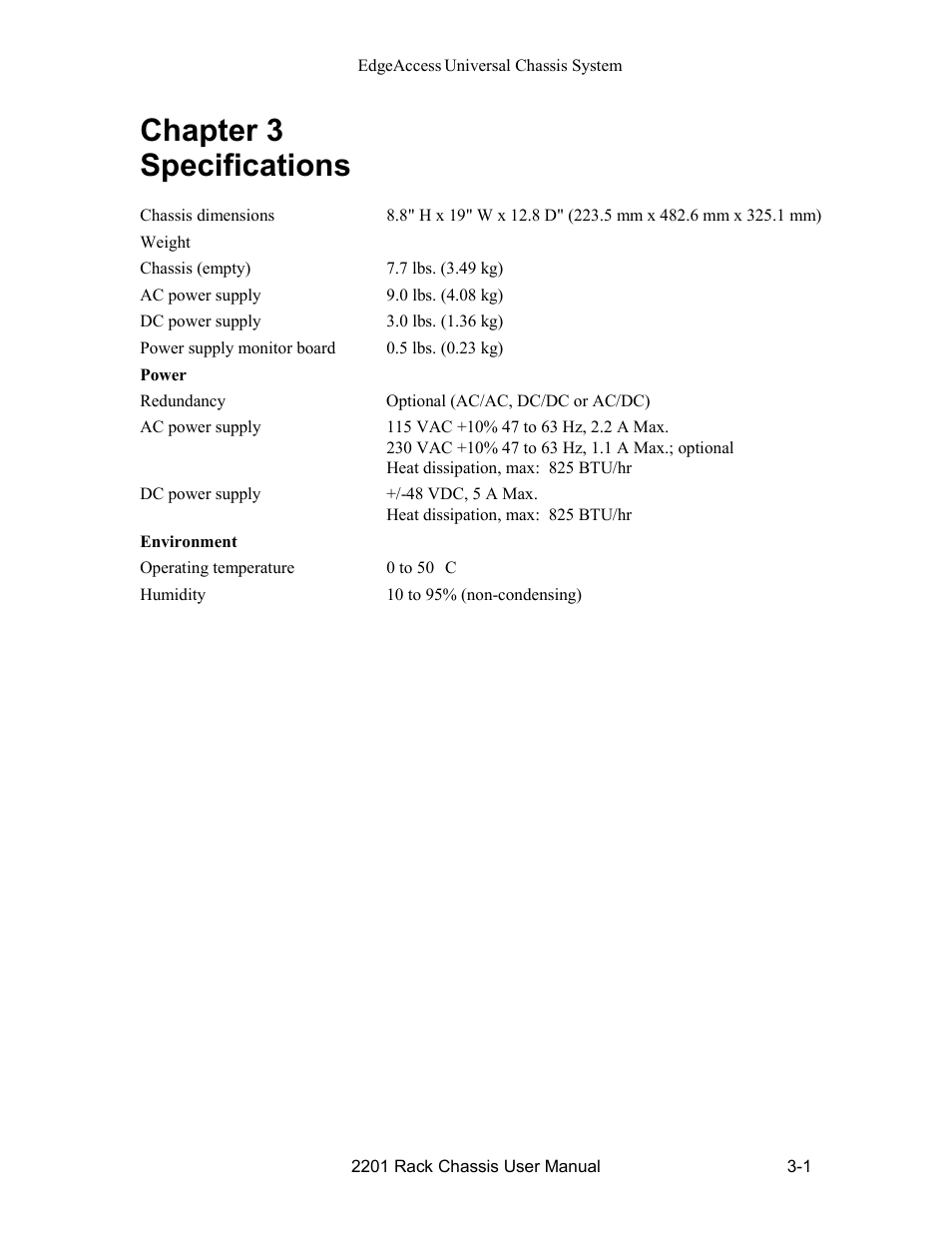 Chapter 3 specifications, Chapter 3 specifications -1 | CANOGA PERKINS 2201 Rack Chassis User Manual | Page 13 / 18