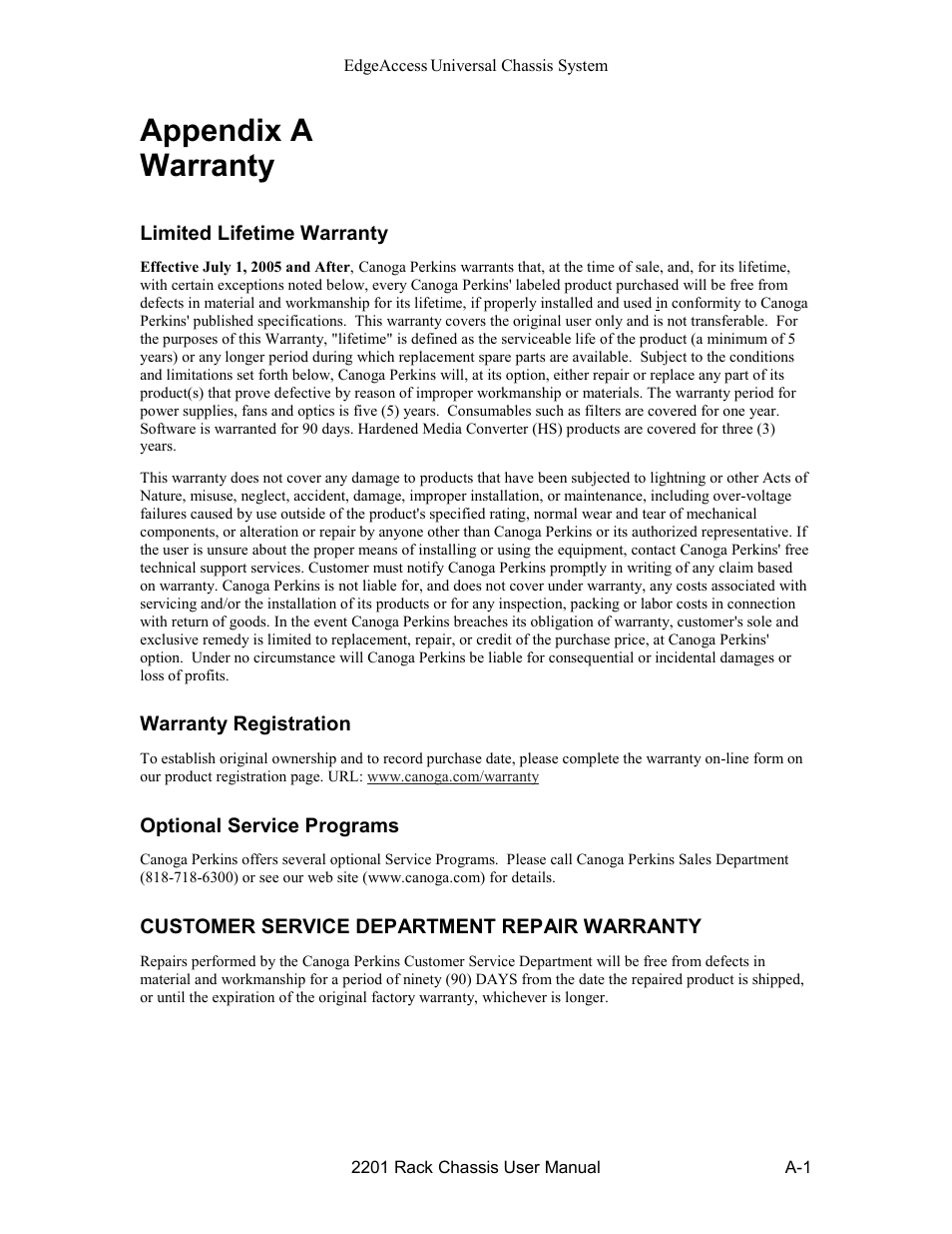 Appendix a warranty | CANOGA PERKINS 2201 Rack Chassis User Manual | Page 15 / 18