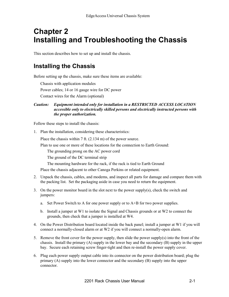 Installing the chassis, Installing the chassis -1 | CANOGA PERKINS 2201 Rack Chassis User Manual | Page 9 / 18