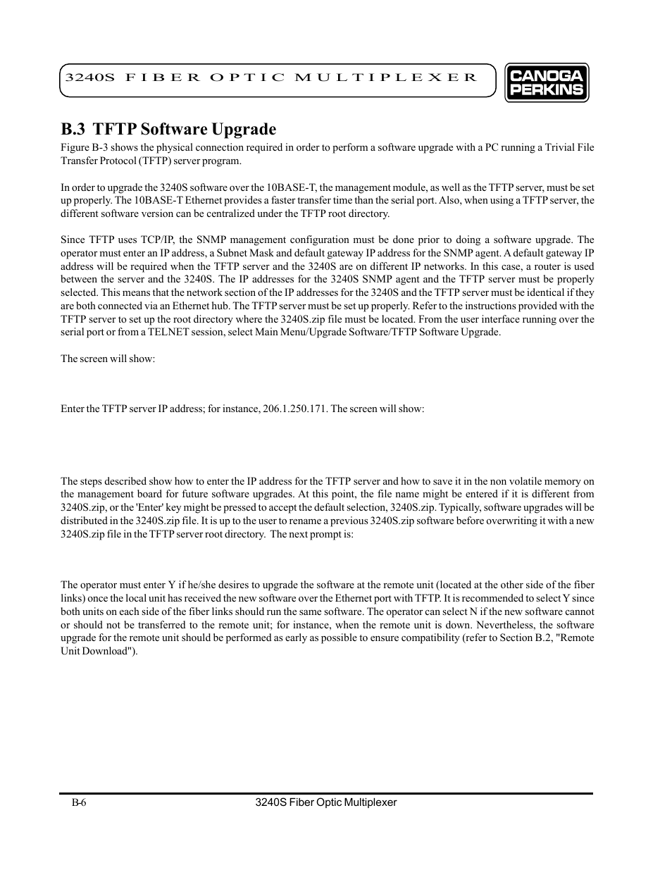 B.3 tftp software upgrade | CANOGA PERKINS 3240S SNMP Managed Fiber Optic Multiplexer User Manual | Page 102 / 108
