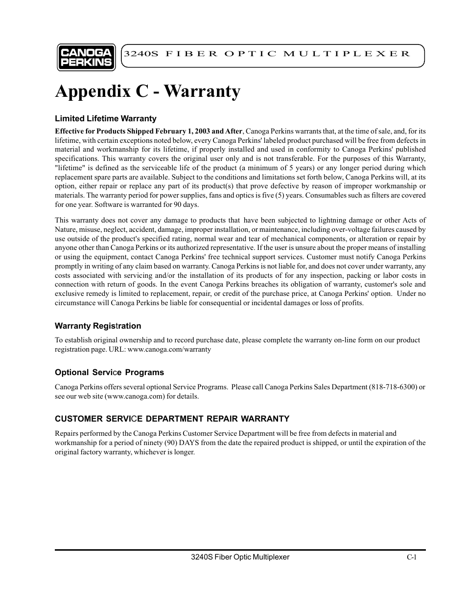 Appendix c, Appendix c - warranty | CANOGA PERKINS 3240S SNMP Managed Fiber Optic Multiplexer User Manual | Page 103 / 108