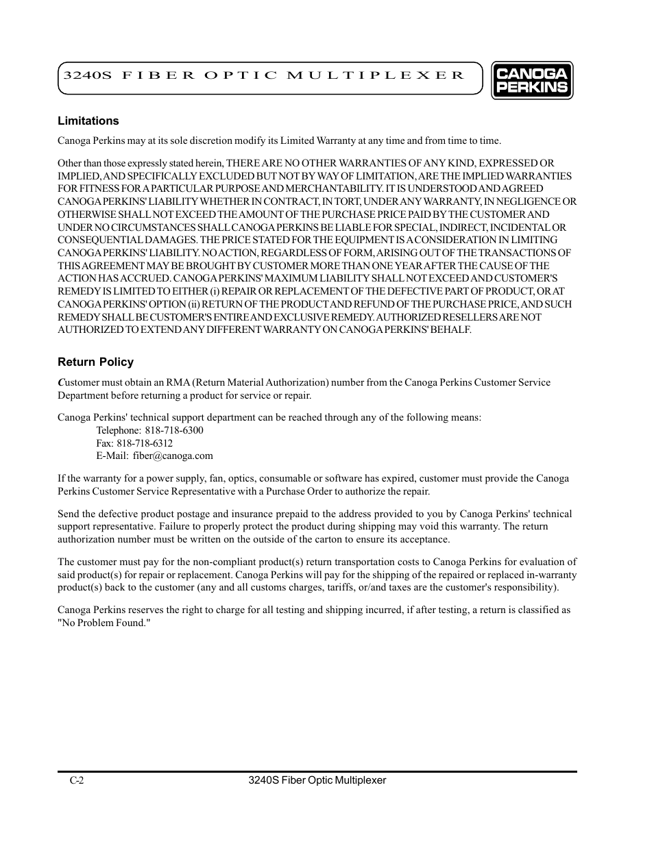 CANOGA PERKINS 3240S SNMP Managed Fiber Optic Multiplexer User Manual | Page 104 / 108