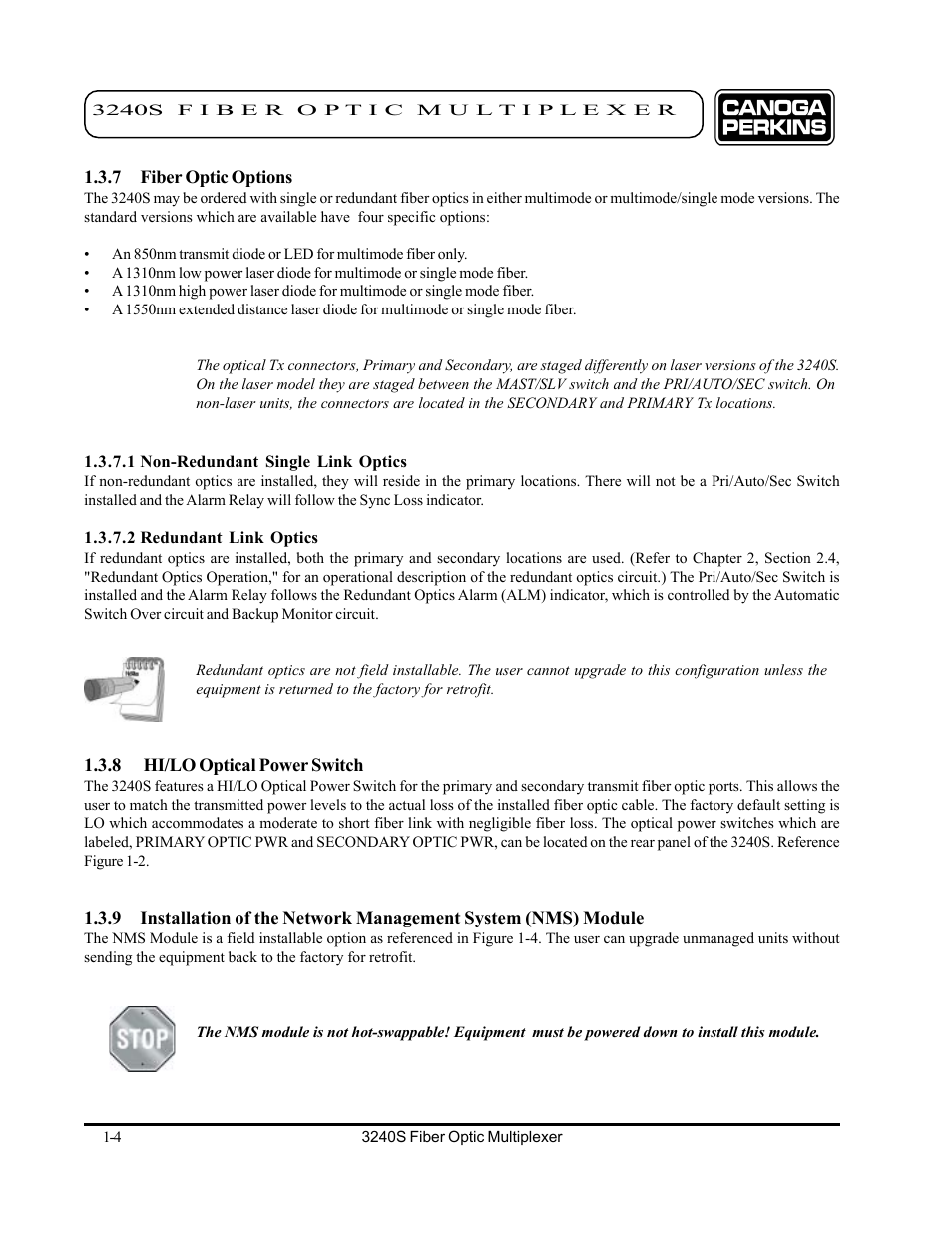 7 fiber optic options, 2 redundant link optics, 1 non-redundant single link optics | 8 hi/lo optical power switch, 7 fiber optic options -4 | CANOGA PERKINS 3240S SNMP Managed Fiber Optic Multiplexer User Manual | Page 14 / 108