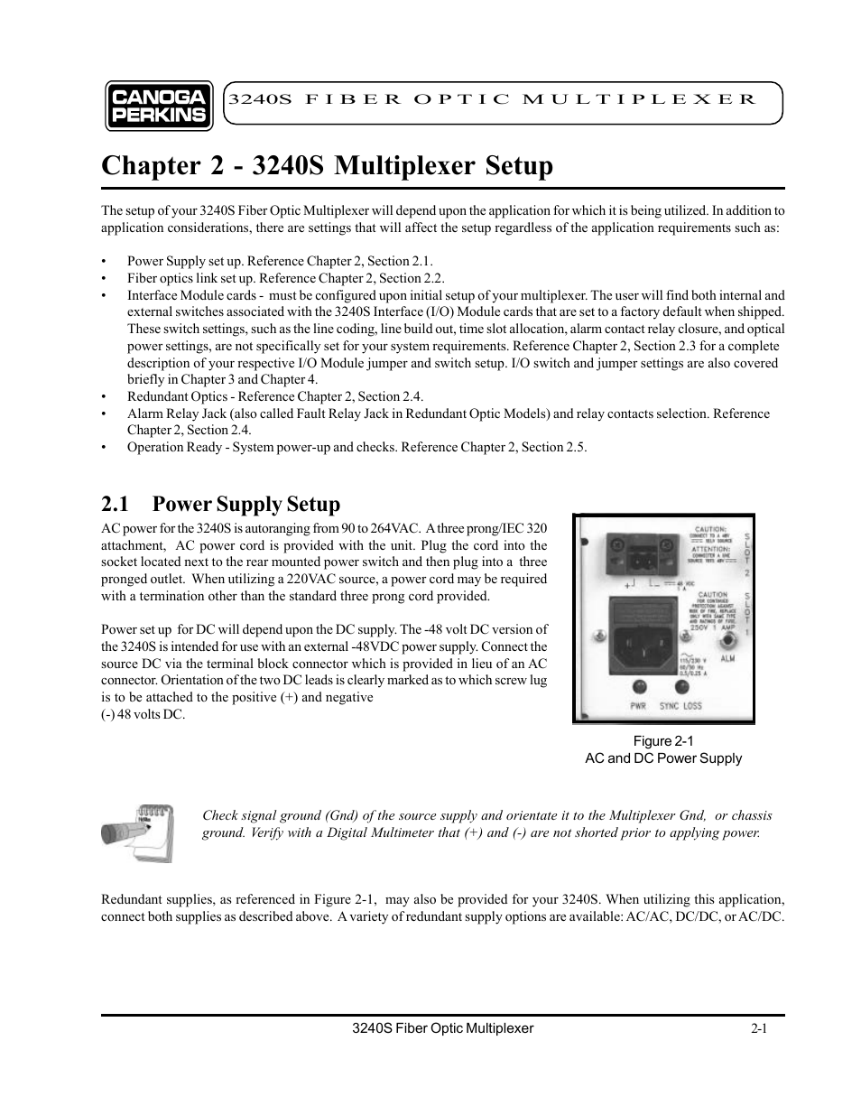 Chapter 2 - 3240s multiplexer setup, 1 power supply setup, Chapter 2 - 3240s multiplexer setup -1 | 1 power supply setup -1 | CANOGA PERKINS 3240S SNMP Managed Fiber Optic Multiplexer User Manual | Page 17 / 108