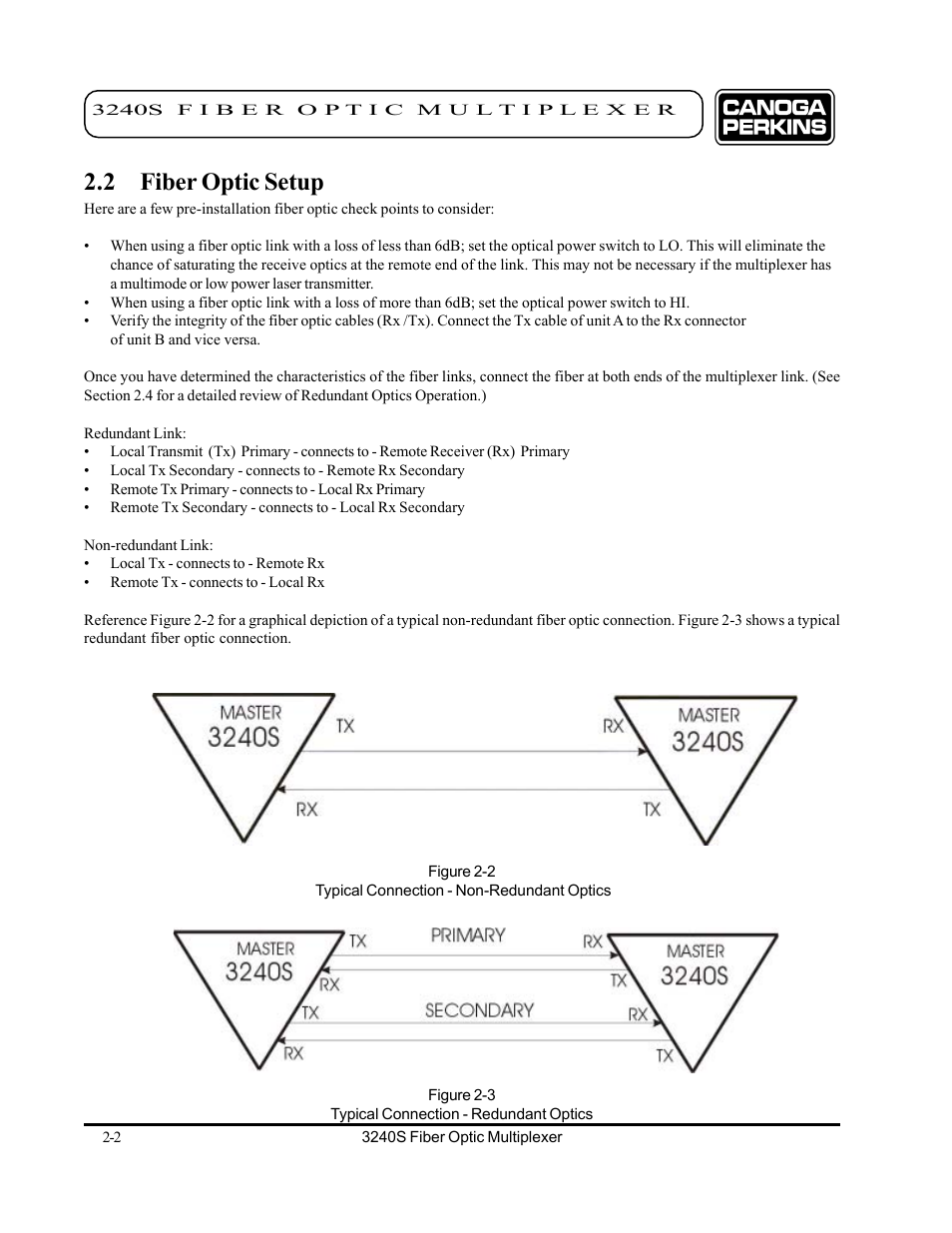 2 fiber optic setup, 2 fiber optic setup -2 | CANOGA PERKINS 3240S SNMP Managed Fiber Optic Multiplexer User Manual | Page 18 / 108
