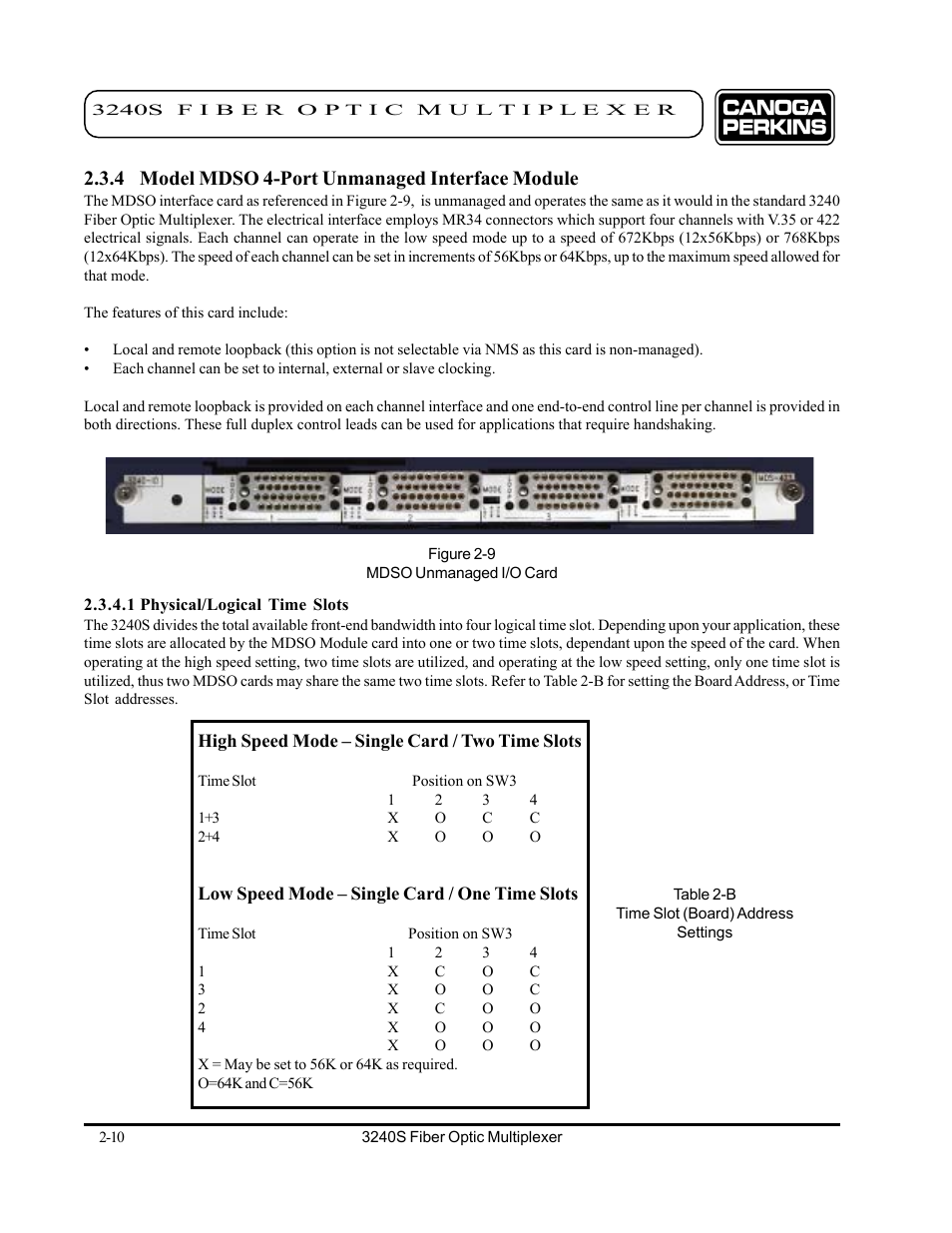 4 model mdso 4-port unmanaged interface module, 1 physical/logical time slots, 4 model mdso 4-port unmanaged interface module -10 | 1 physical/logical time slots -10 | CANOGA PERKINS 3240S SNMP Managed Fiber Optic Multiplexer User Manual | Page 26 / 108