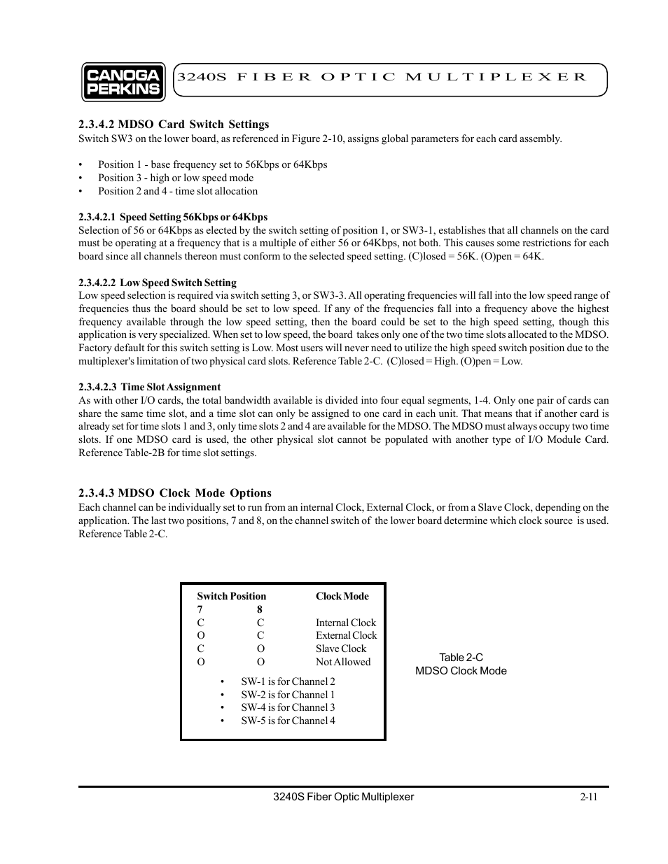 2 mdso card switch settings, 1 speed setting 56kbps or 64kbps, 2 low speed switch setting | 3 time slot assignment, 3 mdso clock mode options | CANOGA PERKINS 3240S SNMP Managed Fiber Optic Multiplexer User Manual | Page 27 / 108