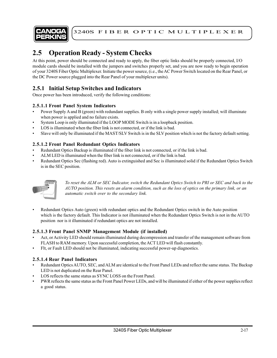 5 operation ready - system checks, 1 initial setup switches and indicators, 1 front panel system indicators | 2 front panel redundant optics indicators, 4 rear panel indicators, 5 operation ready - system checks -17, 1 initial setup switches and indicators -17 | CANOGA PERKINS 3240S SNMP Managed Fiber Optic Multiplexer User Manual | Page 33 / 108