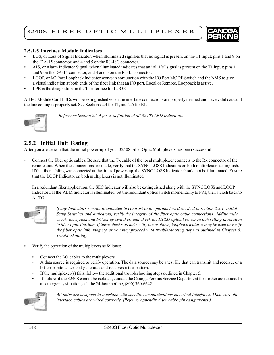 5 interface module indicators, 2 initial unit testing, 5 interface module indicators -18 | 2 initial unit testing -18 | CANOGA PERKINS 3240S SNMP Managed Fiber Optic Multiplexer User Manual | Page 34 / 108