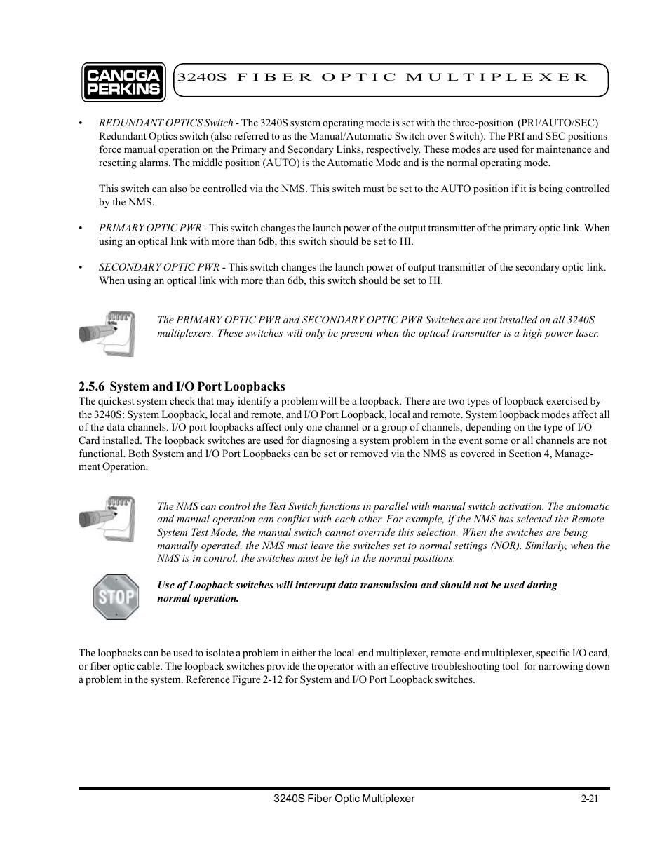 6 system and i/o port loopbacks, 6 system and i/o port loop backs -21 | CANOGA PERKINS 3240S SNMP Managed Fiber Optic Multiplexer User Manual | Page 37 / 108